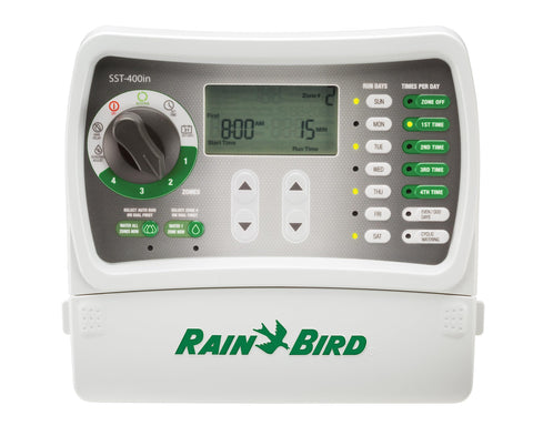 Rain Bird SST400IN vista frontal con dial y botones, control sencillo y ahorro de agua