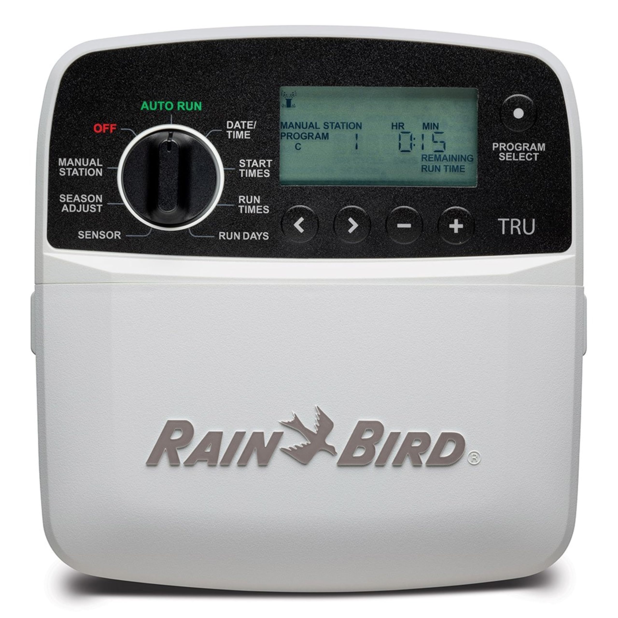 Rain Bird vista frontal del controlador mostrando carcasa compacta y botones
