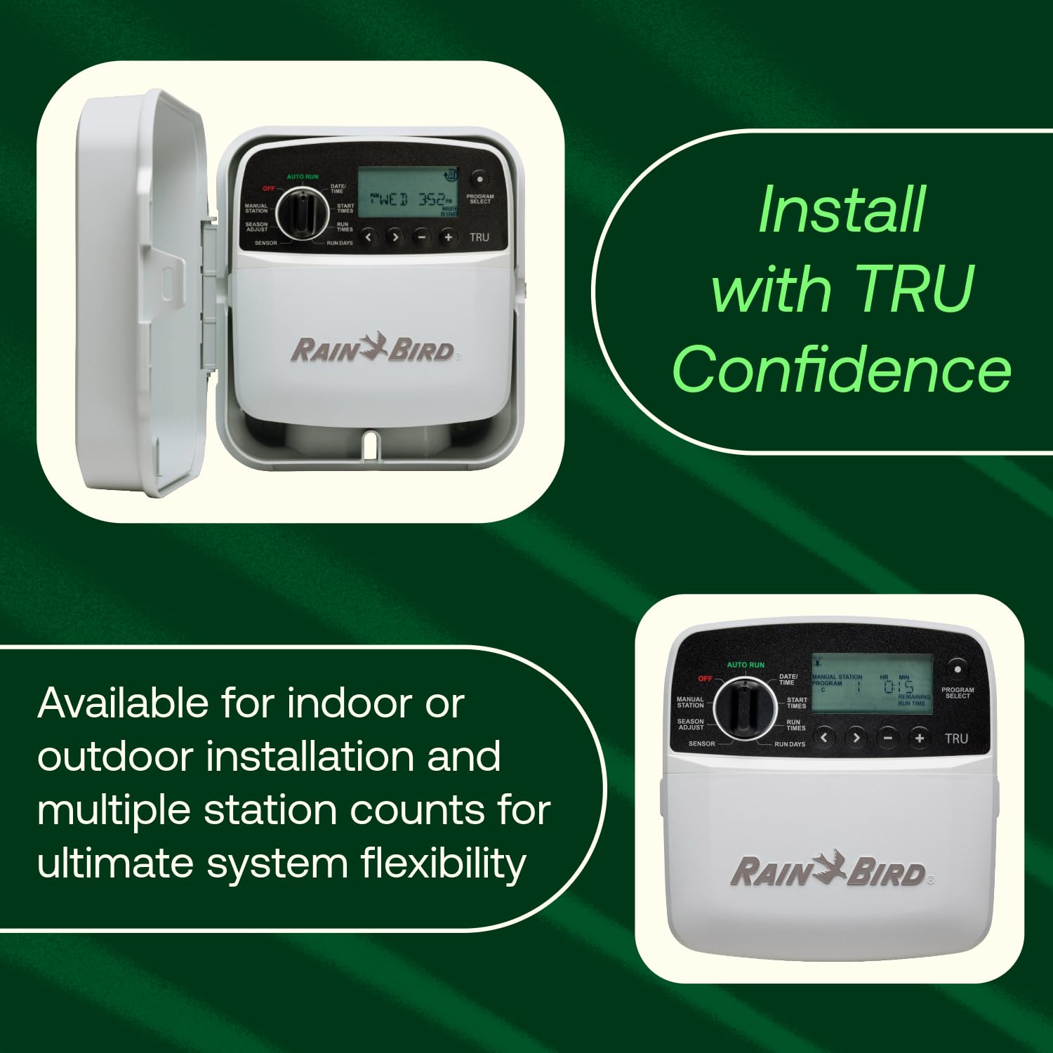 Rain Bird transformador y manual incluidos para instalación interior fácil