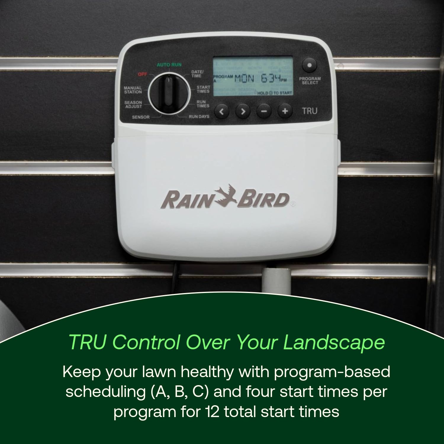 Rain Bird detalle de dial y pantalla LCD para programación rápida y clara