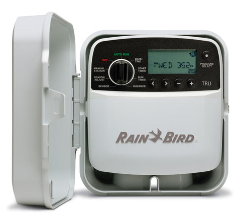 Rain Bird TRU8O frontal mostrando pantalla y perilla, fácil manejo