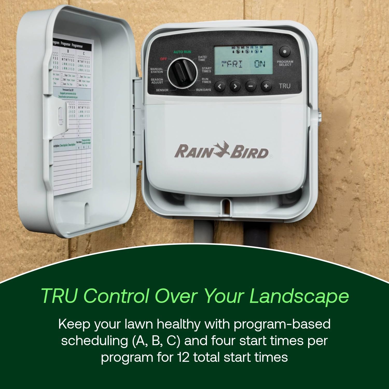 Rain Bird TRU8O pantalla LCD en detalle para programación clara