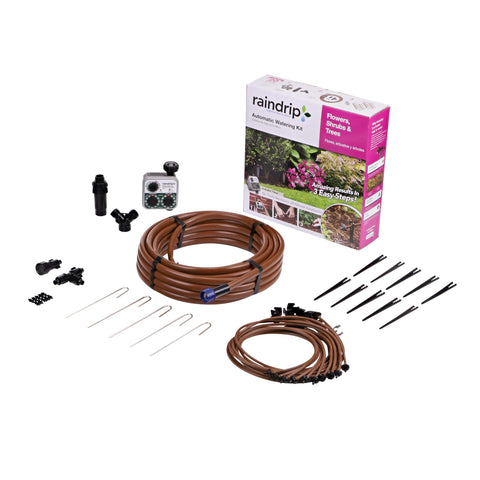 Raindrip kit presentación frontal mostrando componentes y ahorro de agua