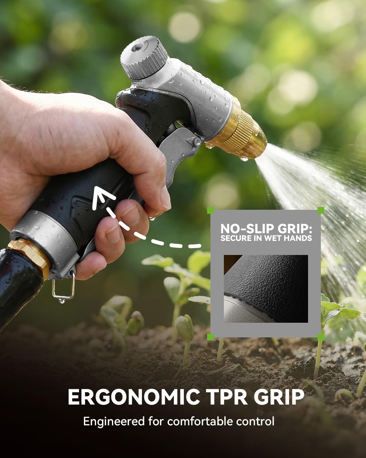 RAINPOINT boquilla junto a mano para comparar tamaño y ergonomía