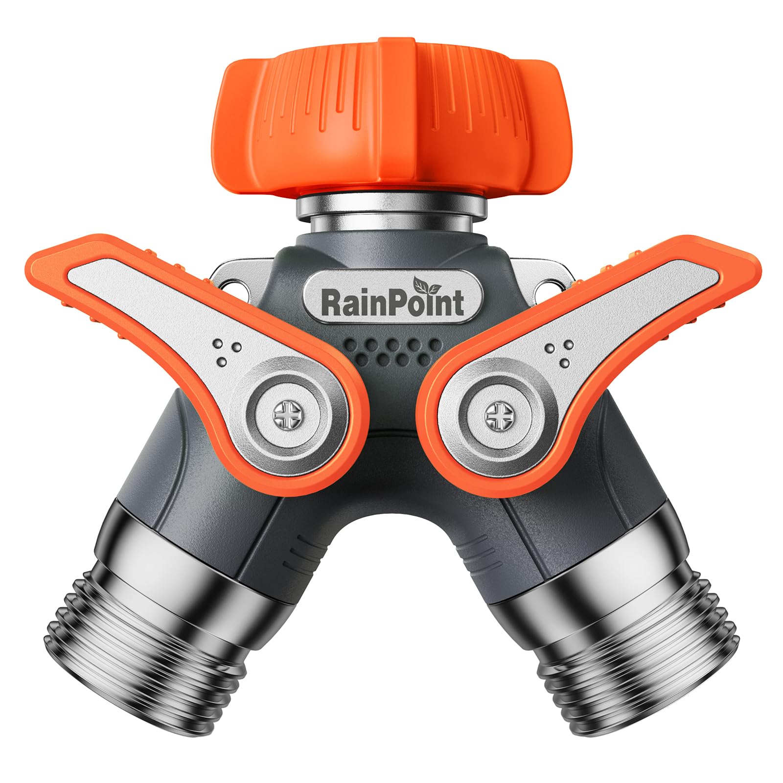 RAINPOINT divisor frontal de metal naranja mostrando ambas salidas y robustez
