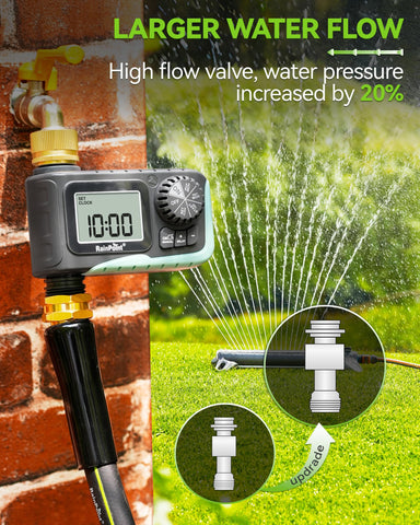 RAINPOINT temporizador instalado regando un jardín eficiente y automatizado