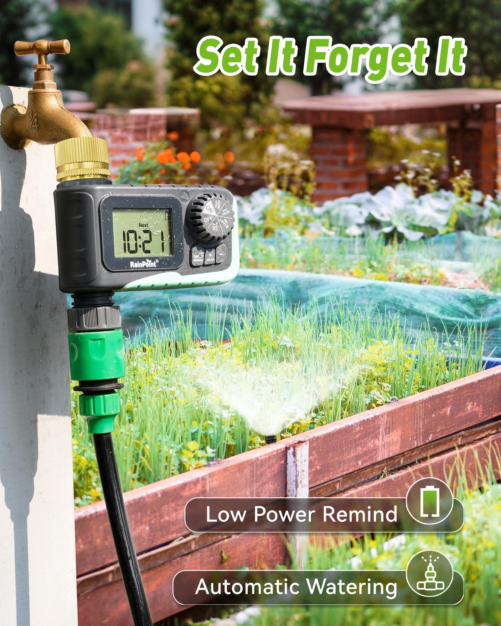 RAINPOINT en jardín regando macizos, automatiza riegos sin supervisión