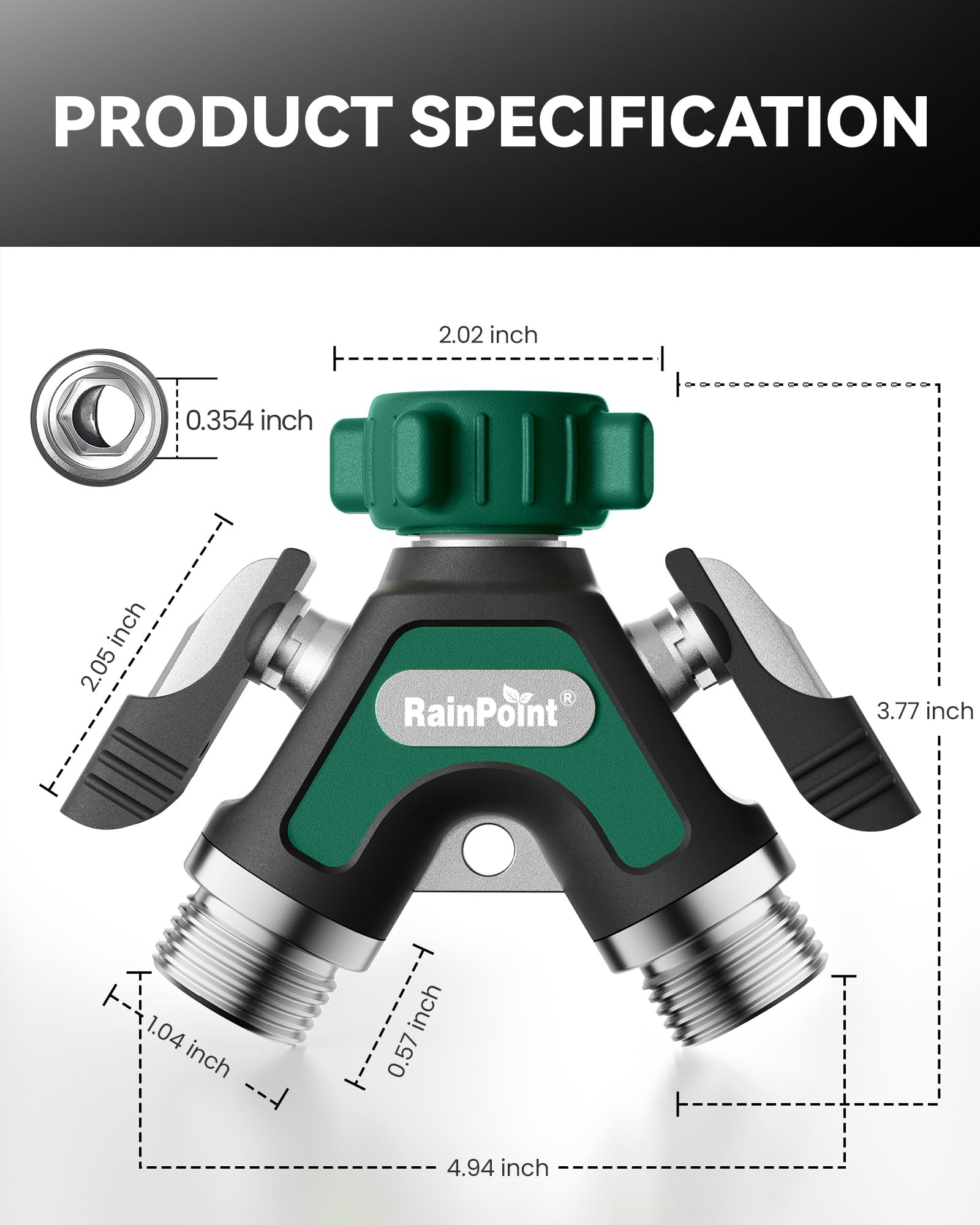 RAINPOINT etiqueta que muestra materiales metálicos y durabilidad