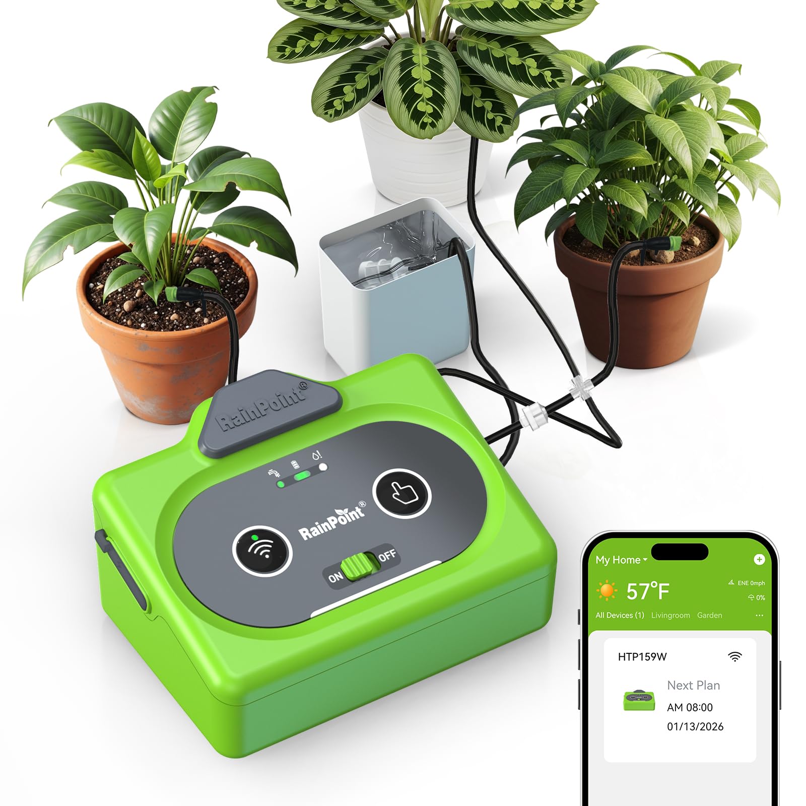 RAINPOINT bomba WiFi frontal mostrando controles y conexión fácil