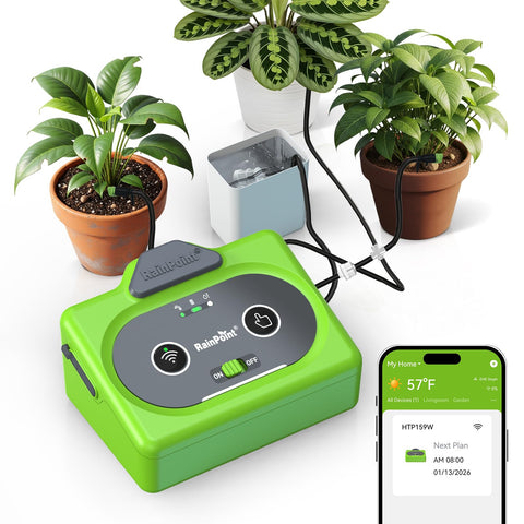 RAINPOINT bomba WiFi frontal mostrando controles y conexión fácil