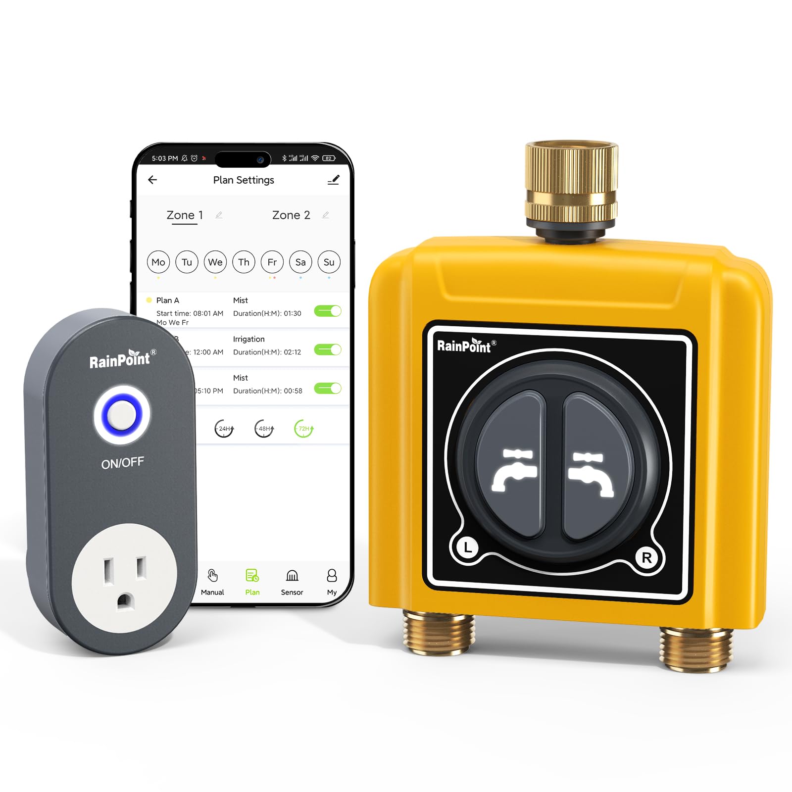 RAINPOINT vista frontal con conexiones de latón y control robusto para protección contra fugas