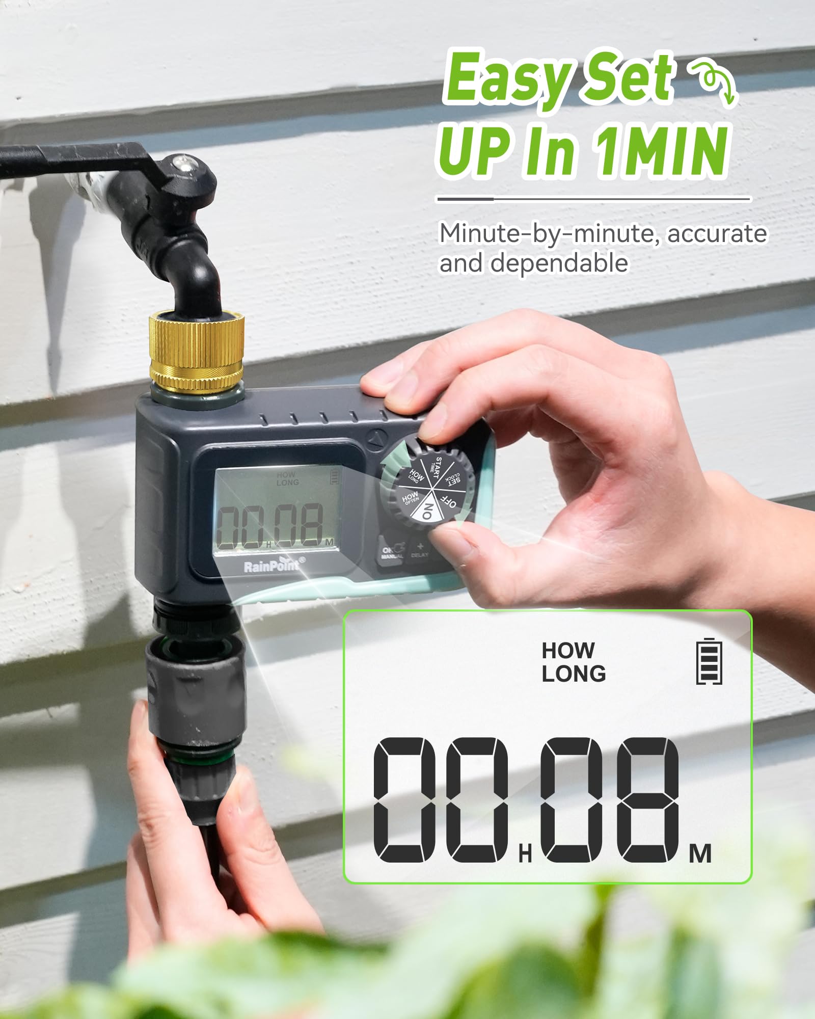 RAINPOINT instalado en grifo de jardín, conexión segura y duradera