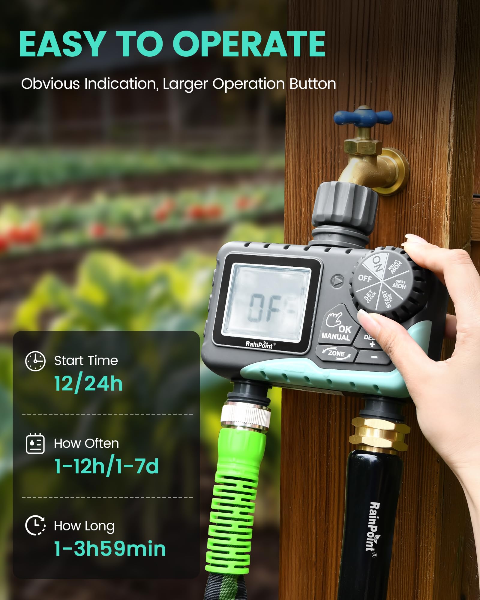 RAINPOINT instalado en grifo de jardín facilitando montaje sin herramientas