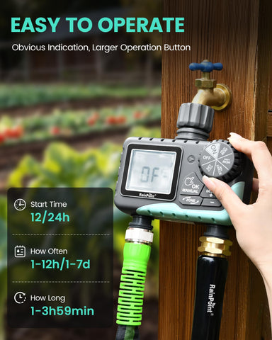 RAINPOINT instalado en grifo de jardín facilitando montaje sin herramientas