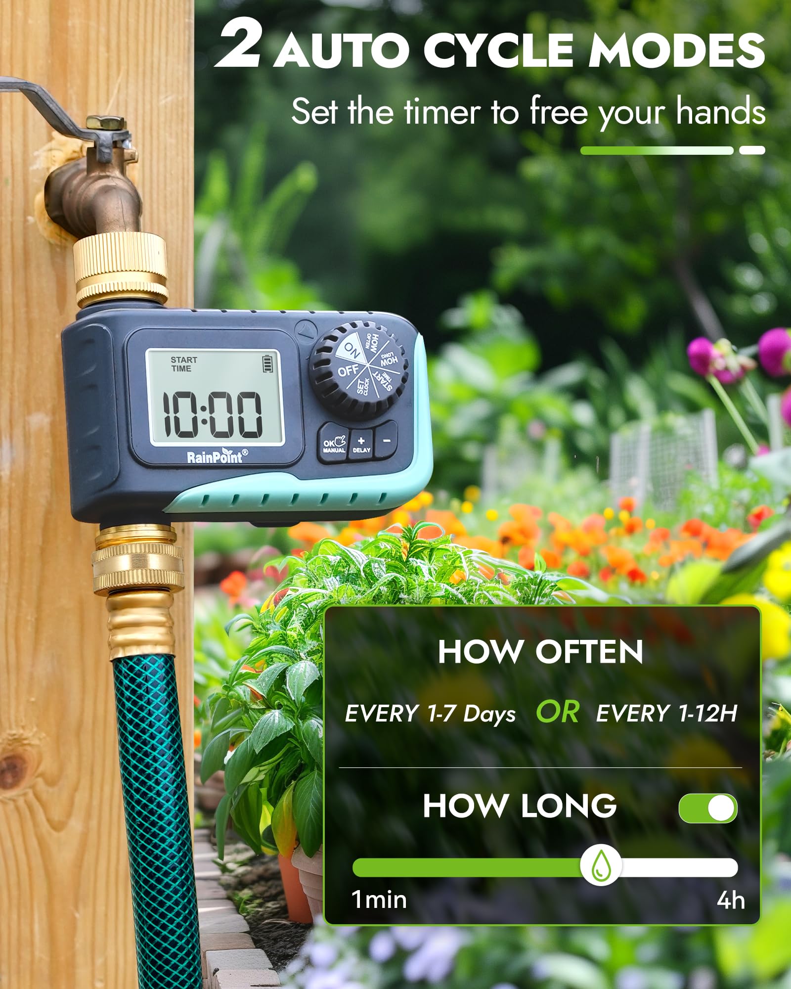 RAINPOINT pantalla LCD grande mostrando horario, facilita lectura al aire libre