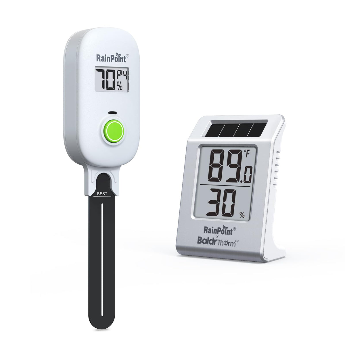 RAINPOINT termohigrómetro frontal mostrando pantalla y beneficio de ahorro energético