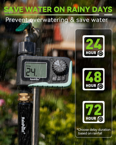 RAINPOINT temporizador instalado regando un jardín, ahorro de tiempo