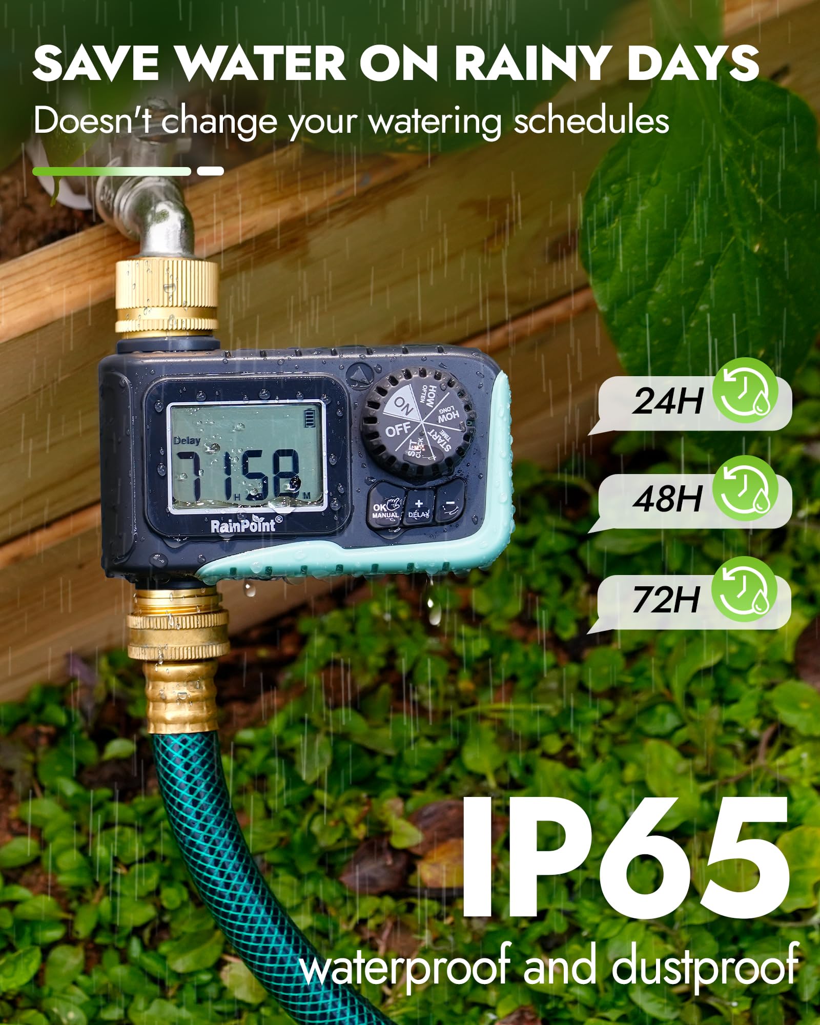 RAINPOINT temporizador conectado a manguera regando un jardín, ahorro de agua