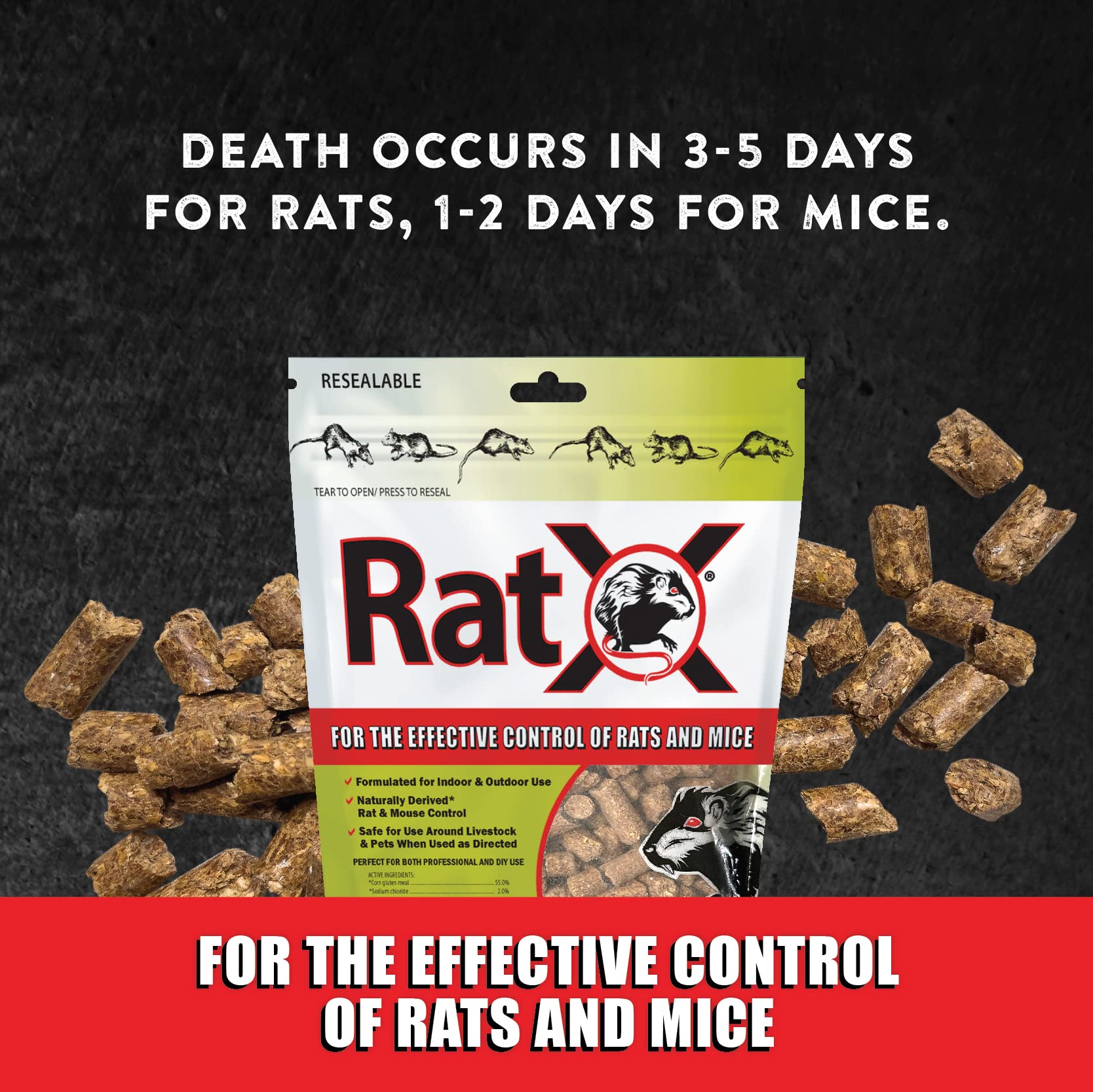 RatX textura de pellets detalle mostrando gránulos y facilidad de aplicación