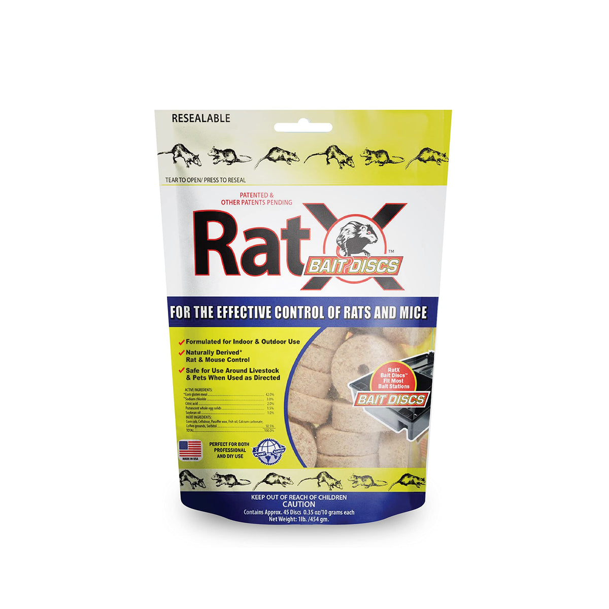 RatX empaque frontal mostrando bolsa de 1 lb y 45 discos, ventaja de almacenamiento práctico
