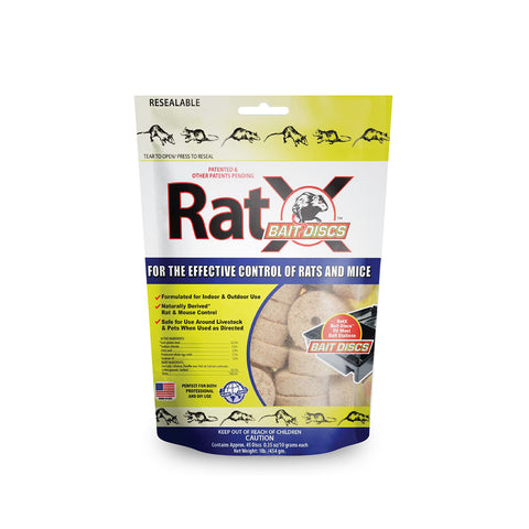 RatX empaque frontal mostrando bolsa de 1 lb y 45 discos, ventaja de almacenamiento práctico