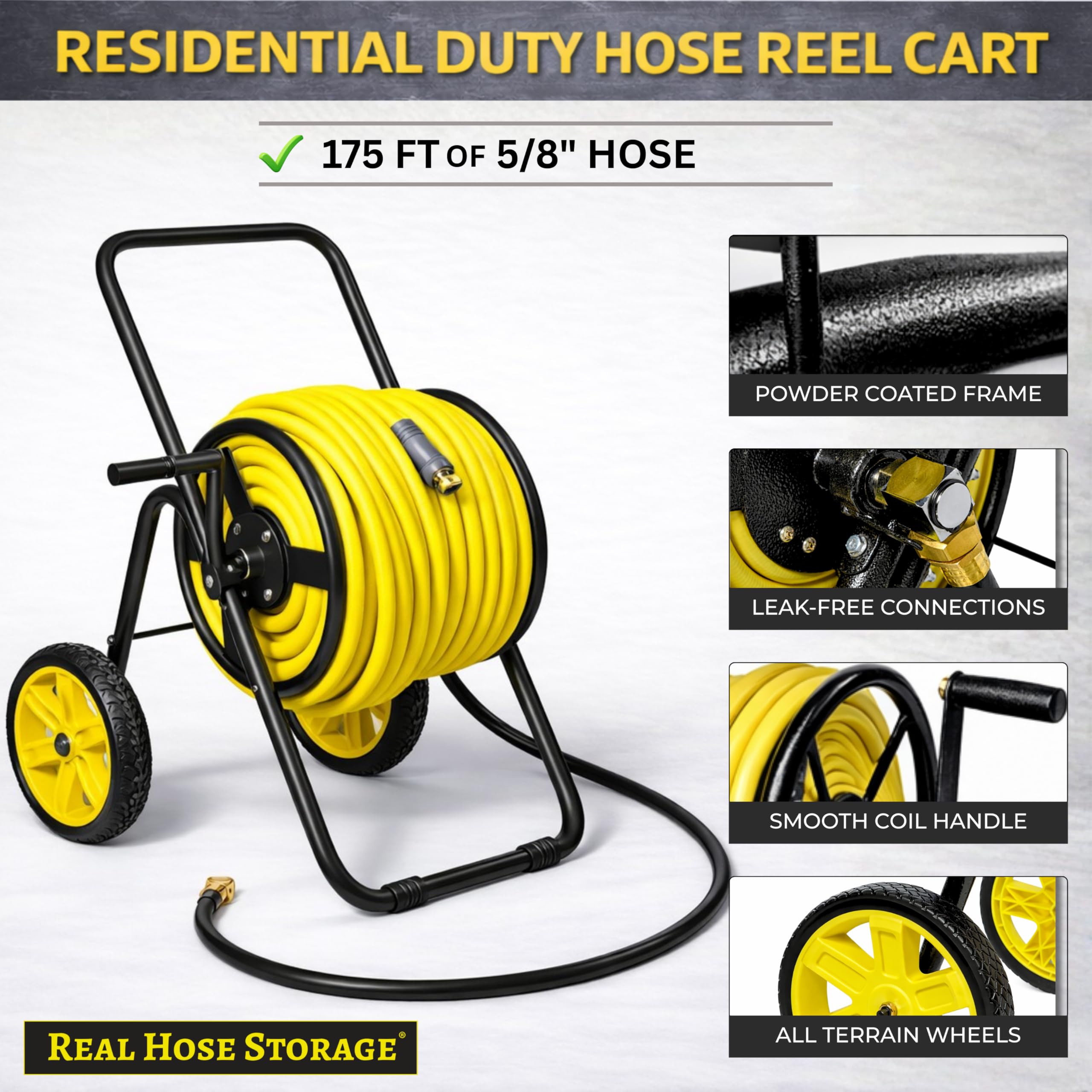 Real Hose Storage detalle del recubrimiento en polvo del acero para mayor resistencia