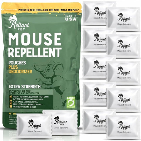 Reliant Pet empaque frontal mostrando 12 bolsitas y beneficios de aroma