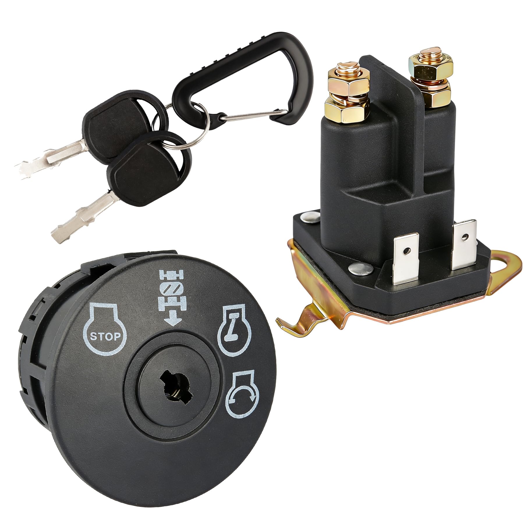 Reltvo kit encendido frontal mostrando interruptor y solenoide para reemplazo rápido