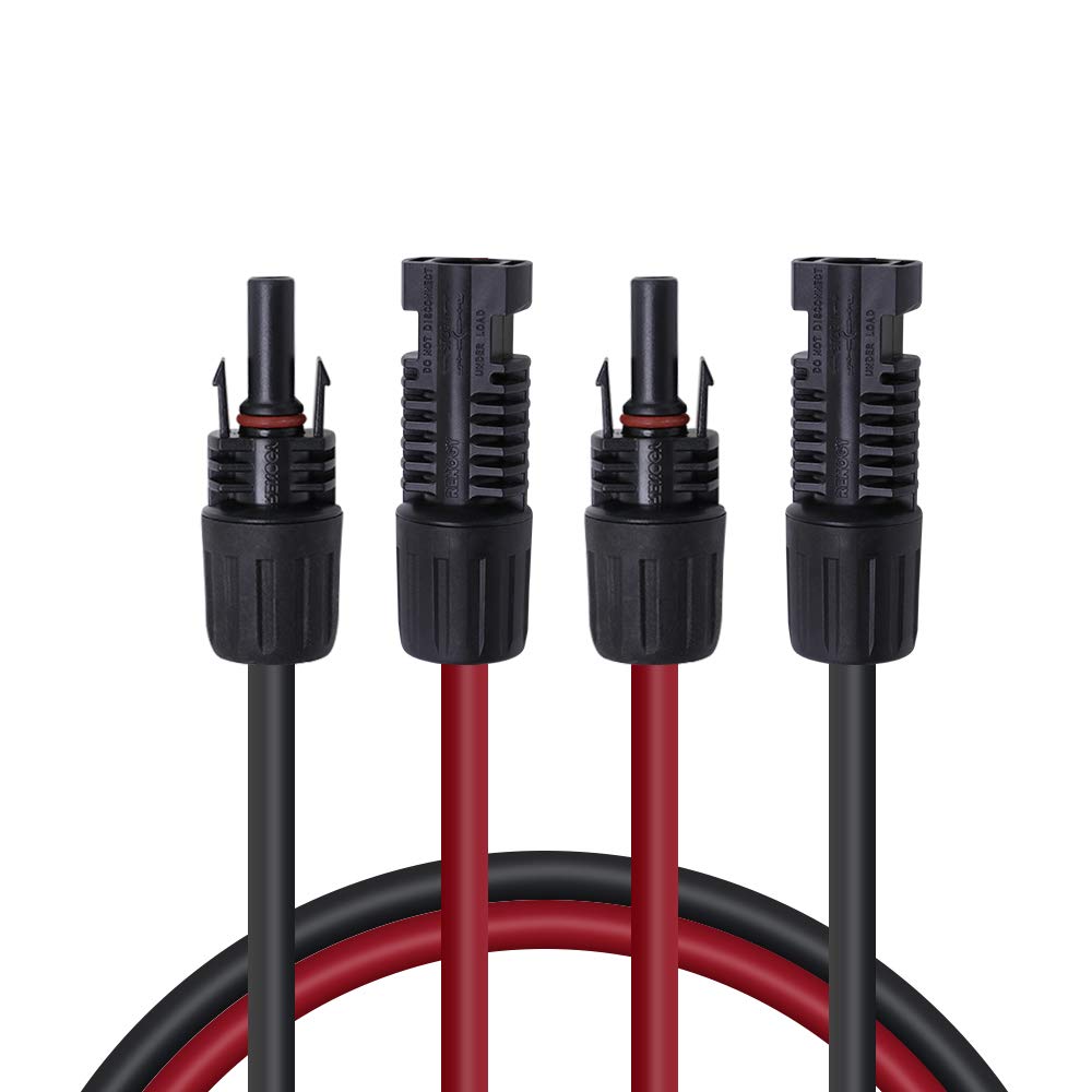Renogy vista frontal del par de cables 5FT 12AWG mostrando conectores y colores, seguridad instantánea