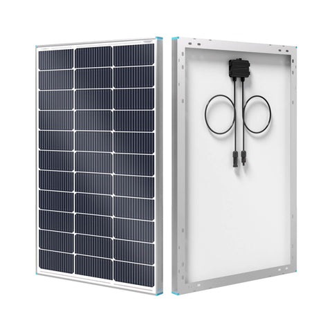 Renogy panel frontal 100W mostrando diseño compacto y alto rendimiento