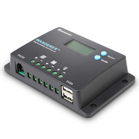Renogy Wanderer vista frontal mostrando botones y carcasa robusta para instalación segura