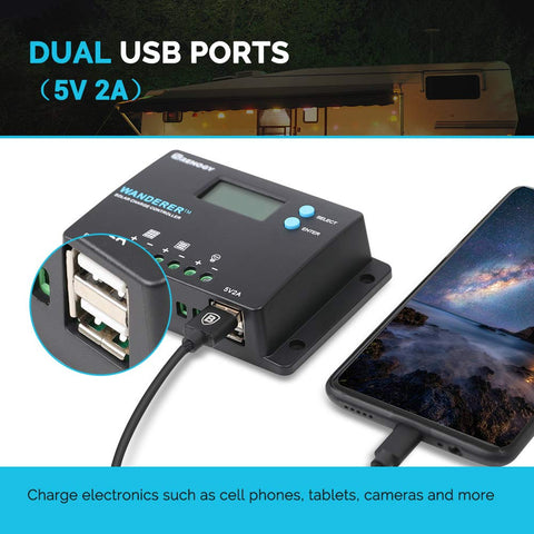 Puerto USB del Renogy Wanderer con dispositivo cargando, suministro directo práctico