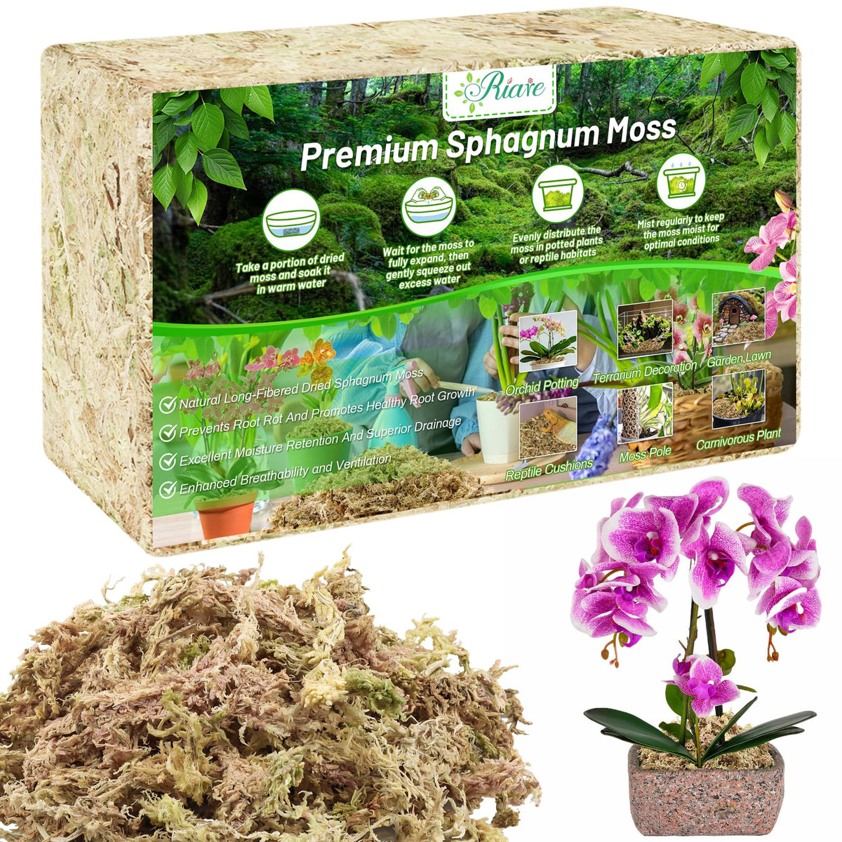 Riare paquete frontal de musgo sphagnum mostrando contenido y marca, ideal para cultivo