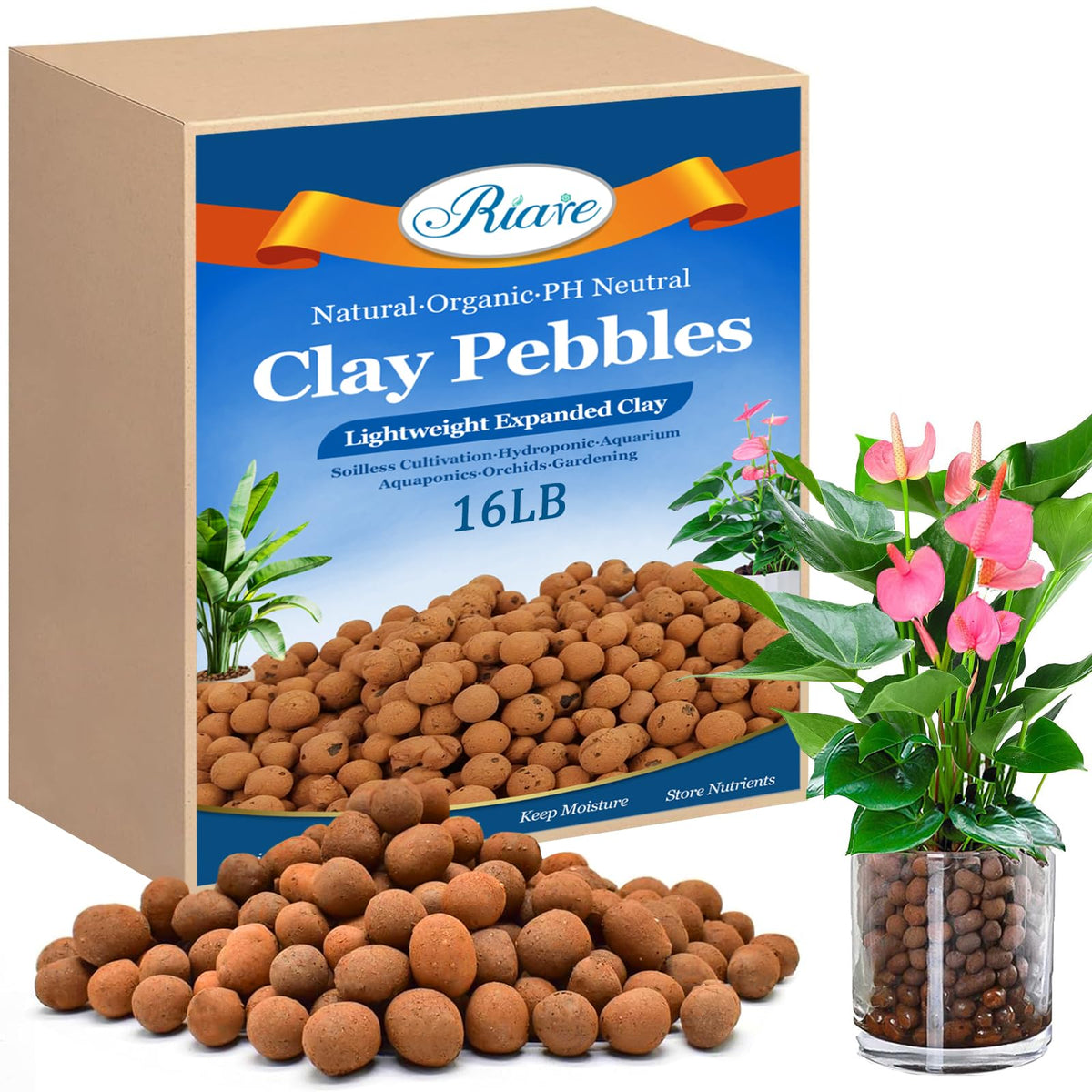 Riare paquete frontal de 16 lb mostrando las bolas de arcilla y beneficio de volumen