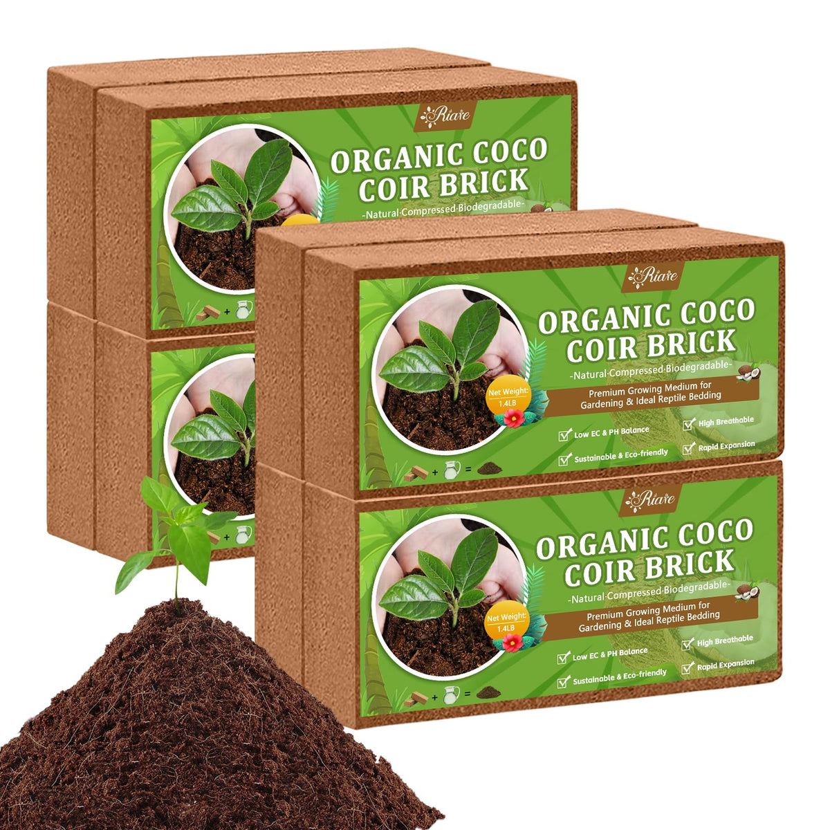 Riare frente del paquete mostrando 8 ladrillos y beneficios de cultivo