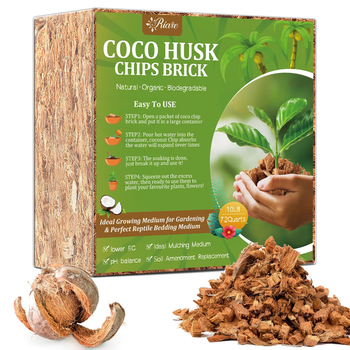 Riare frente del paquete de chips de coco muestra ahorro de espacio