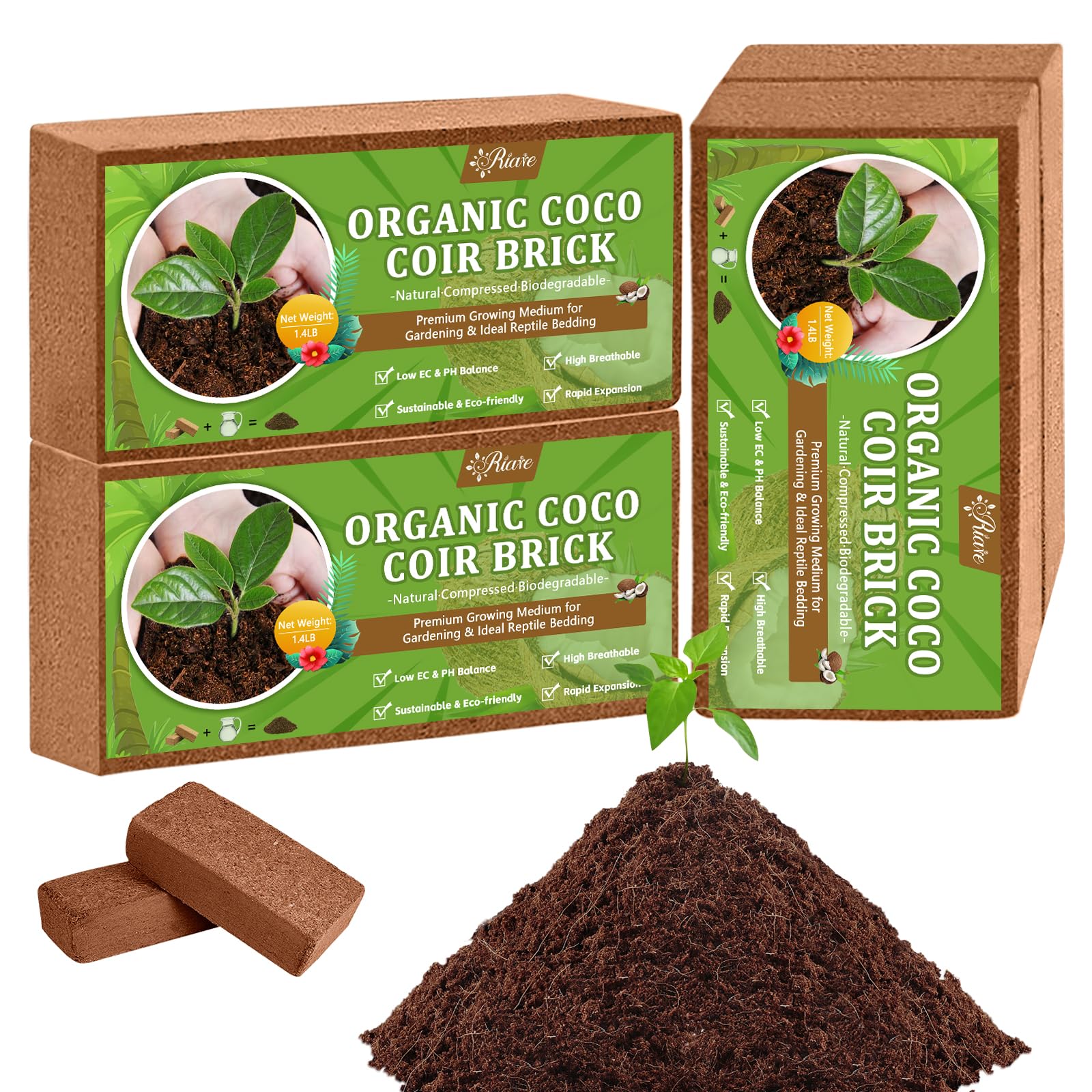 Riare paquete frontal de 4 ladrillos de coco mostrando presentación y cantidad