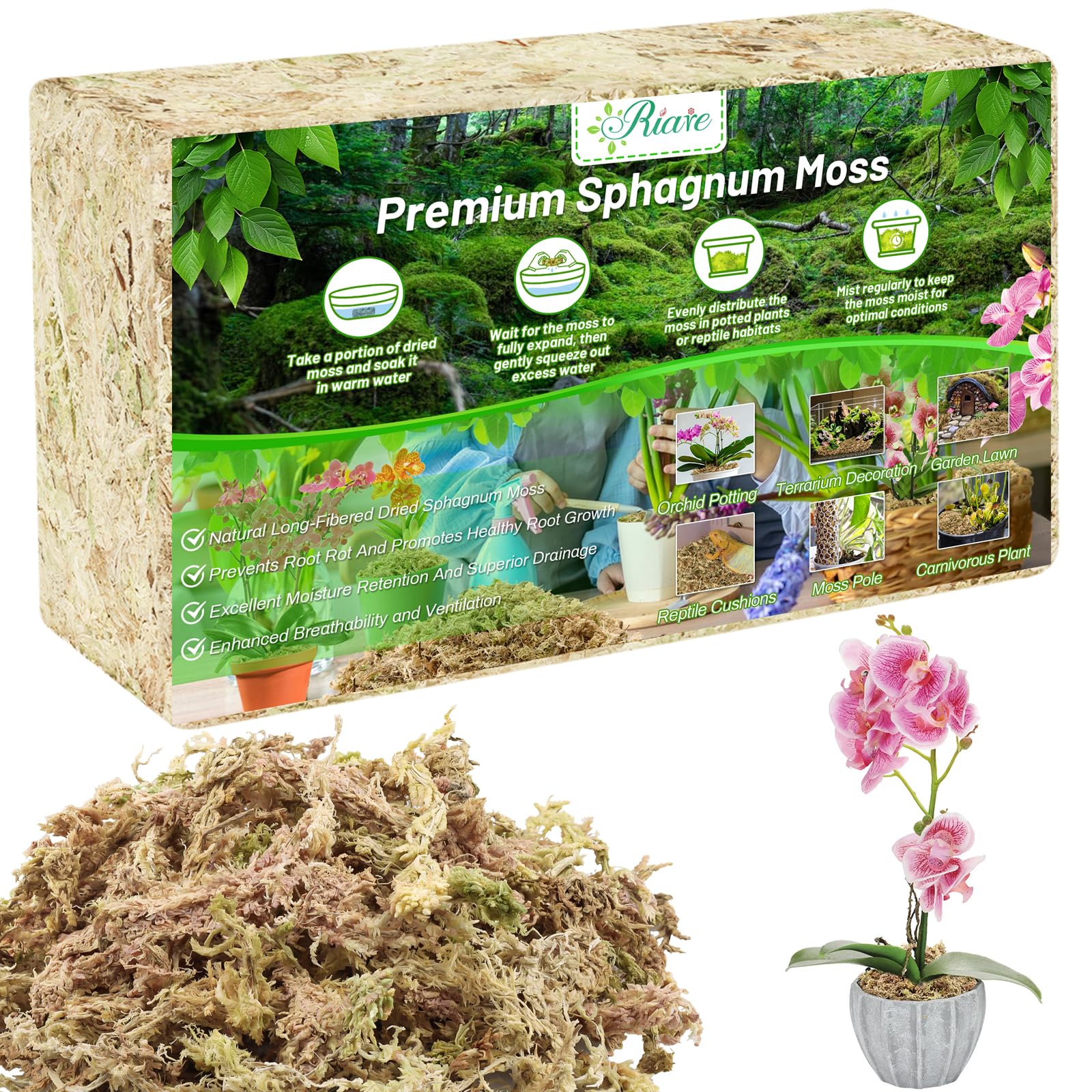 Riare paquete frontal mostrando musgo sphagnum y volumen expandible