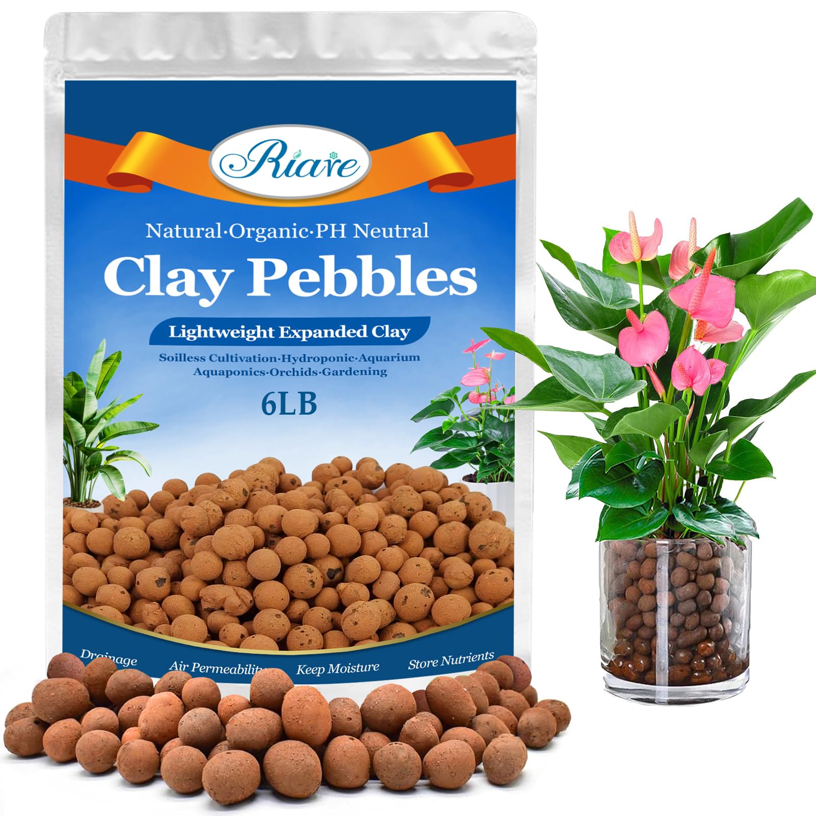 Riare bolsa frontal con 6lb de LECA, almacenamiento ordenado y práctico