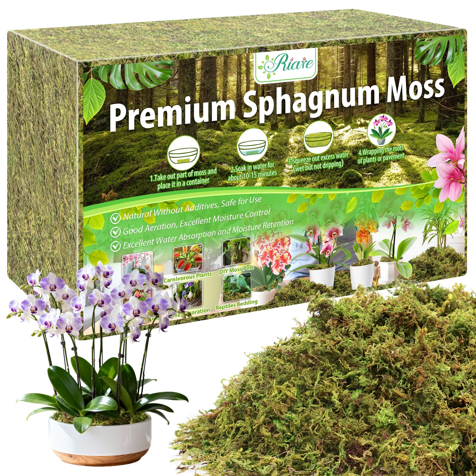 Riare paquete frontal de musgo sphagnum que facilita almacenamiento