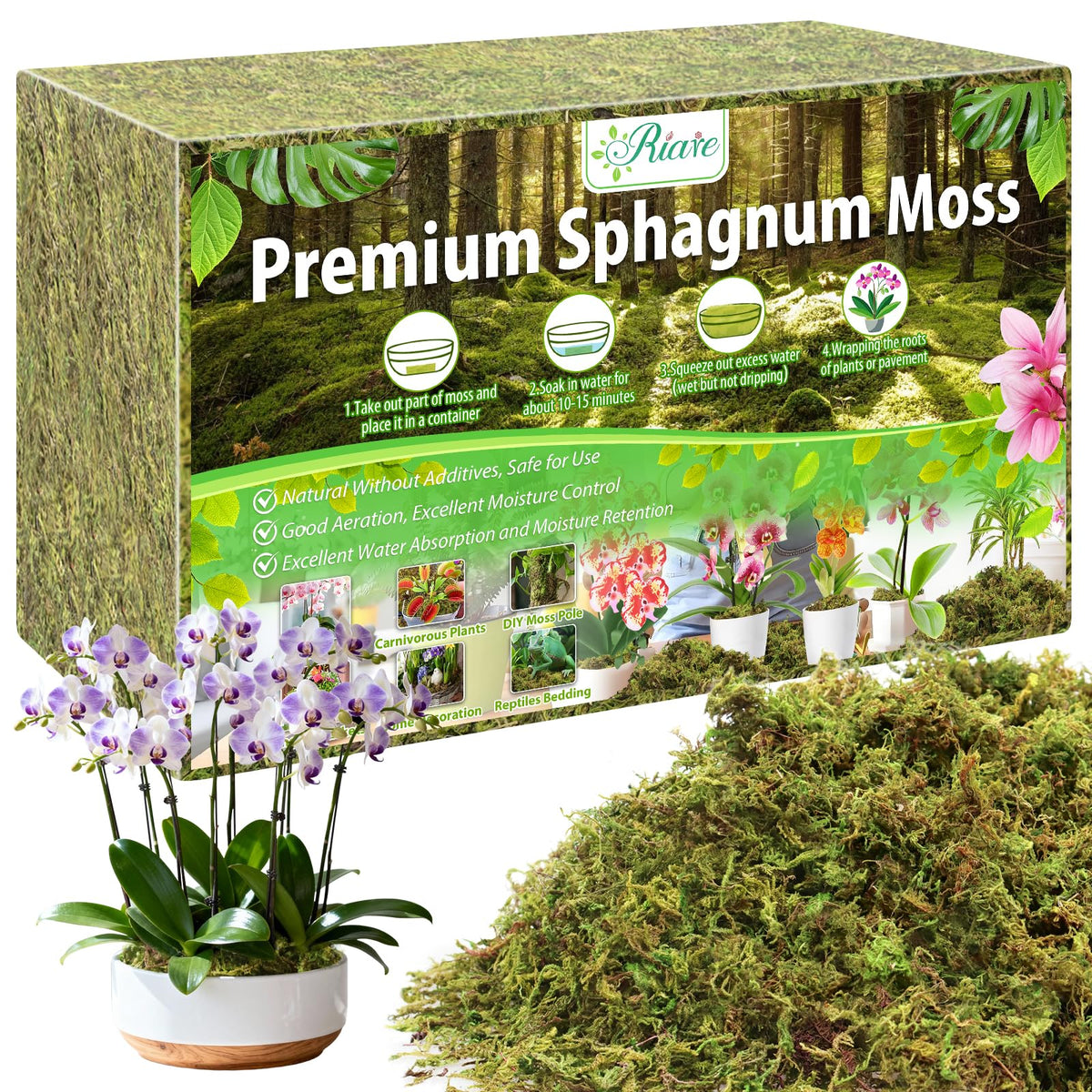 Riare paquete frontal de musgo sphagnum que facilita almacenamiento
