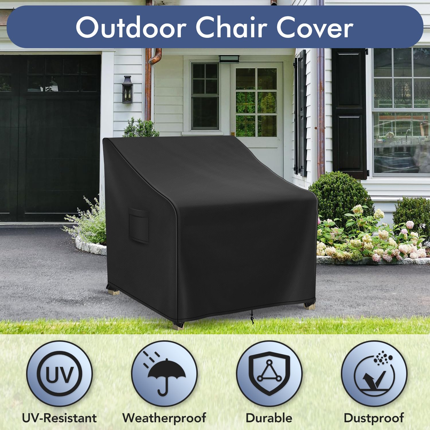 Richwon funda instalada en silla Adirondack protegiendo contra lluvia
