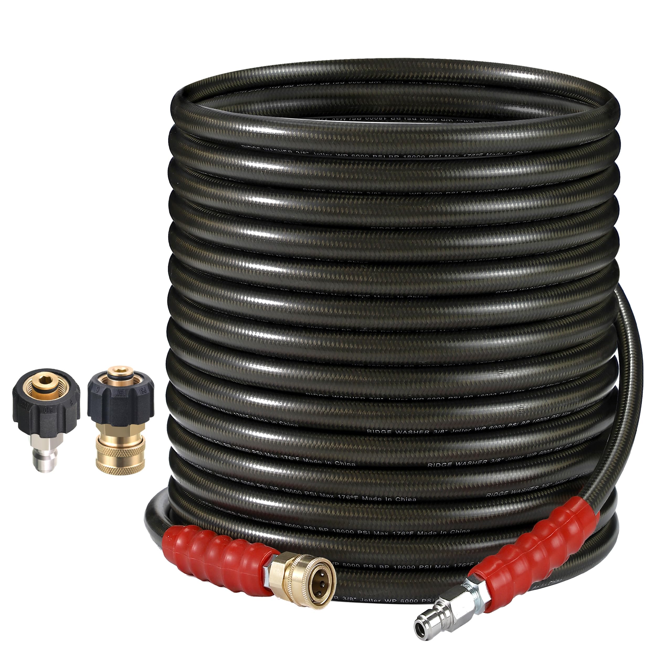 RIDGE WASHER manguera frontal enrollada mostrando longitud y robustez