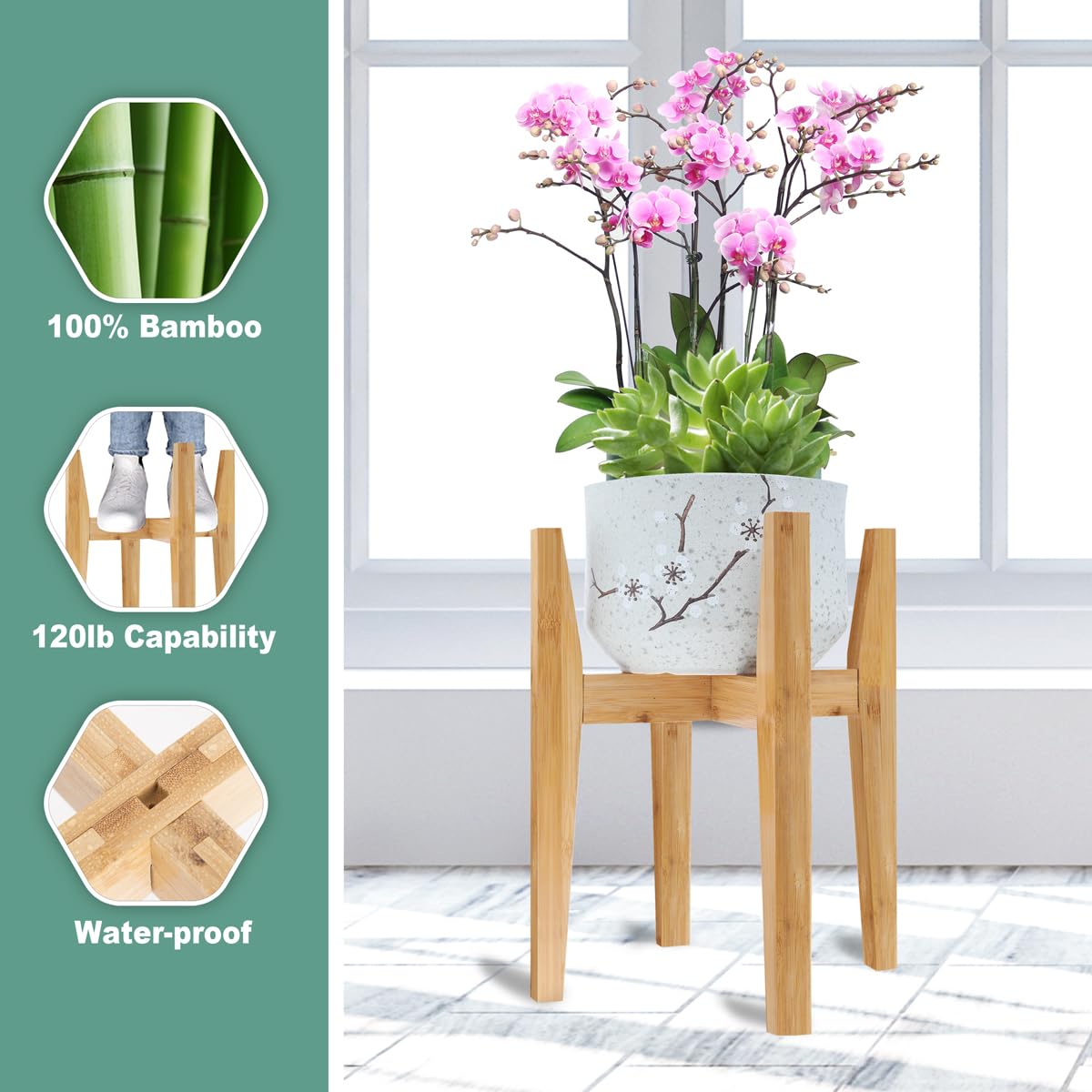 Rnined soporte en uso en salón con maceta, añade calidez decorativa