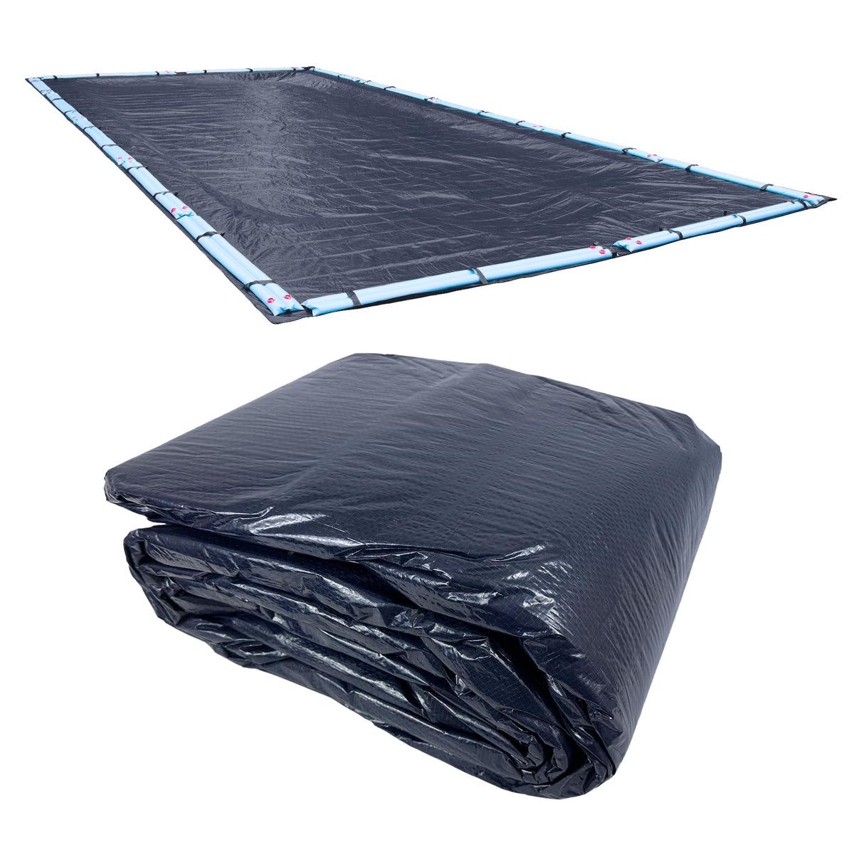Robelle cubierta frontal 16 x 32 ft mostrando solape y color azul marino para protección