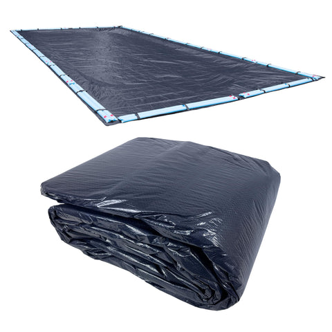Robelle cubierta frontal 16 x 32 ft mostrando solape y color azul marino para protección