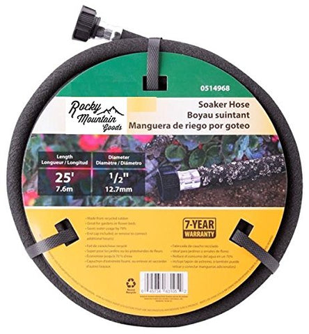 Rocky Mountain Goods frente del rollo de manguera mostrando longitud y conexión, ahorro de agua