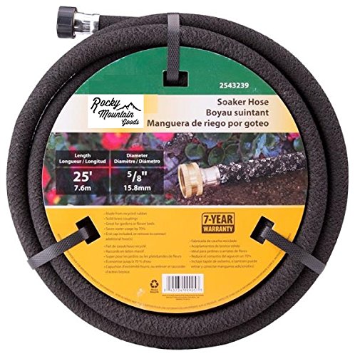Rocky Mountain Goods manguera porosa frontal mostrando longitud y acabado, durabilidad y ahorro