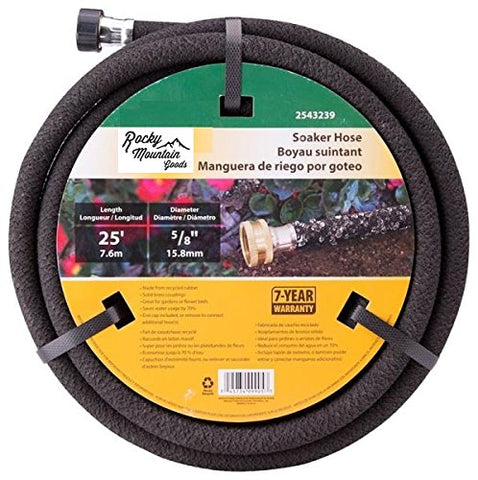 Rocky Mountain Goods manguera porosa frontal mostrando longitud y acabado, durabilidad y ahorro