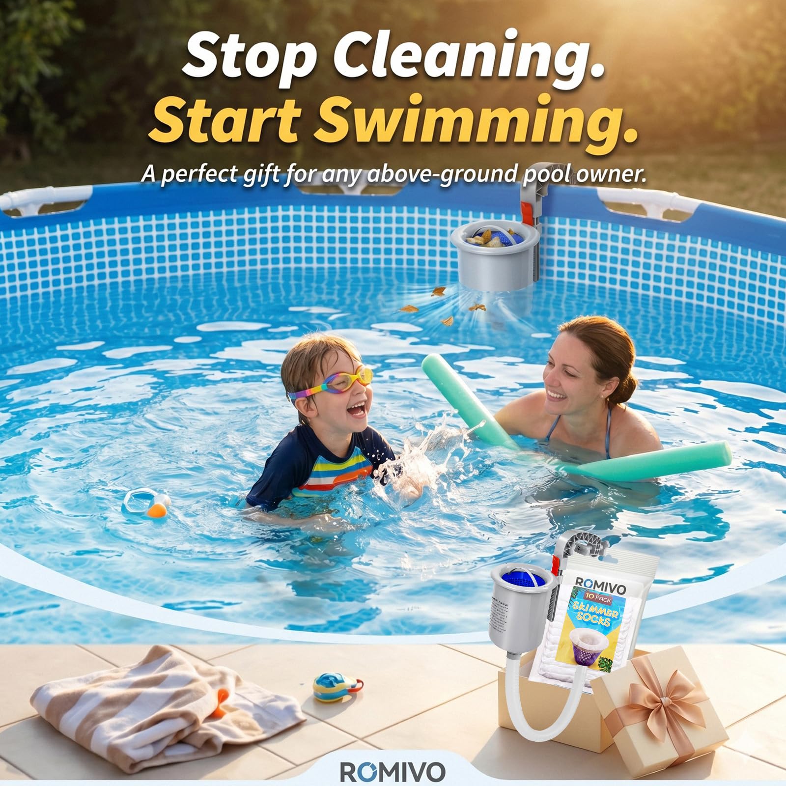 ROMIVO skimmer en uso aspirando hojas en superficie para agua más limpia